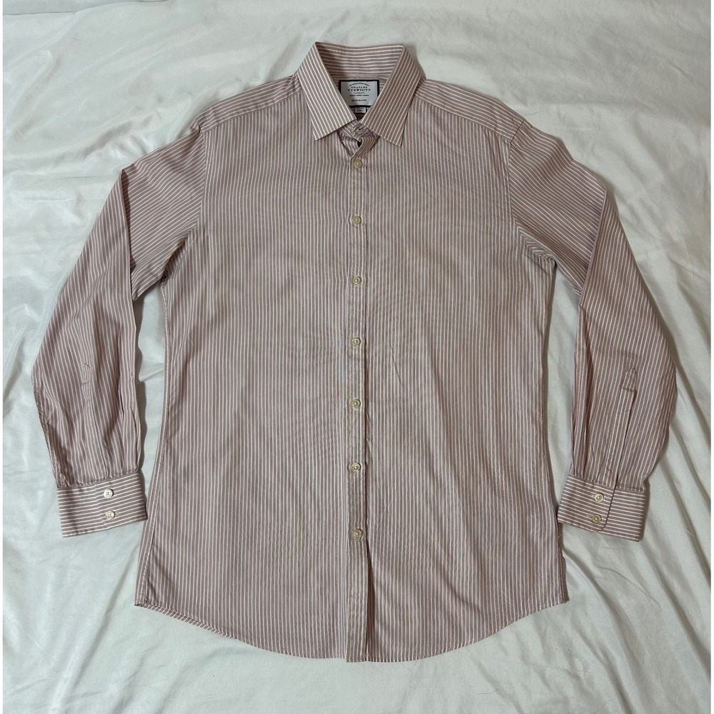 Charles Tyrwhitt Extra Slim Fit Pink Stripe Dress Shirt 16.5 35 Mens Long Sleeve